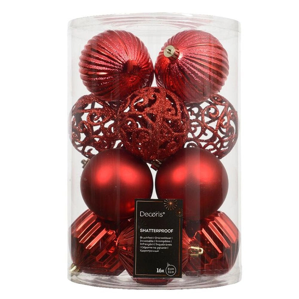 Decoris Christmas Red Shatterproof Baubles - Pack of 16 | 9028341