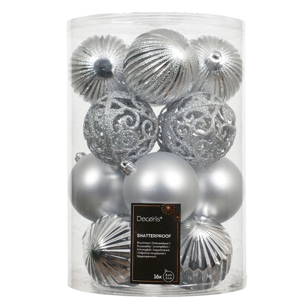 Decoris Silver Shatterproof Baubles - Pack of 16