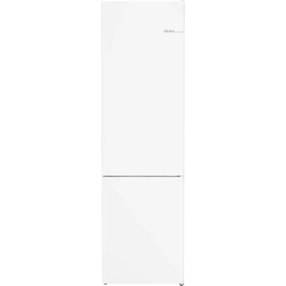 Bosch Series 4 white freestanding fridge freezer with split door design, silver handle and control panel, modern kitchen appliance