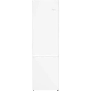 Bosch Series 4 white freestanding fridge freezer with split door design, silver handle and control panel, modern kitchen appliance