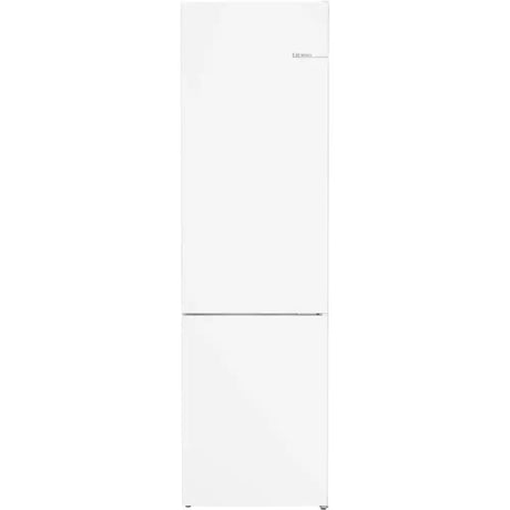 Bosch Series 4 white freestanding fridge freezer with split door design, silver handle and control panel, modern kitchen appliance