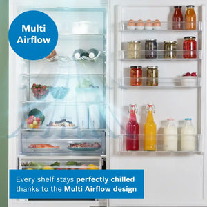 Bosch Series 4 white fridge freezer with Multi Airflow design showing open doors displaying fresh produce, eggs, jars, beverages and condiments on glass shelves