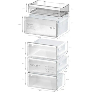 Bosch Series 4 KGN392WDFG white fridge freezer with internal compartment dimensions showing VitaFresh storage drawer, NoFrost freezer section, and multiple storage compartments displayed in exploded diagram view