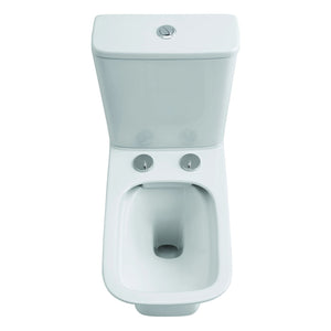 White ceramic comfort height toilet with fully shrouded design and integrated cistern, featuring soft close seat and dual flush buttons, viewed from front