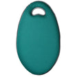 Teal green padded garden kneeler mat with grey trim and oval shape, featuring a curved handle cutout at the top for easy carrying and transport