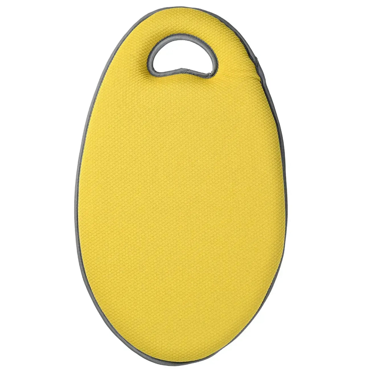 Yellow foam garden kneeling mat with gray trim and oval shape, featuring a handle cutout at the top for carrying