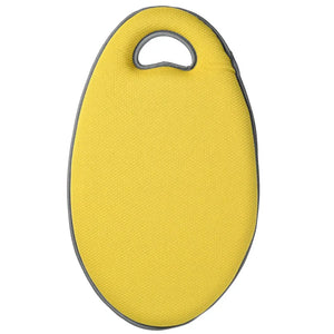 Yellow foam garden kneeling mat with gray trim and oval shape, featuring a handle cutout at the top for carrying