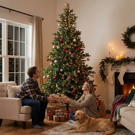 Everlands 8ft Geneva Fir artificial Christmas tree decorated with warm white lights and red and gold ornaments in a living room setting with fireplace, displayed with a couple exchanging gifts and a golden retriever dog