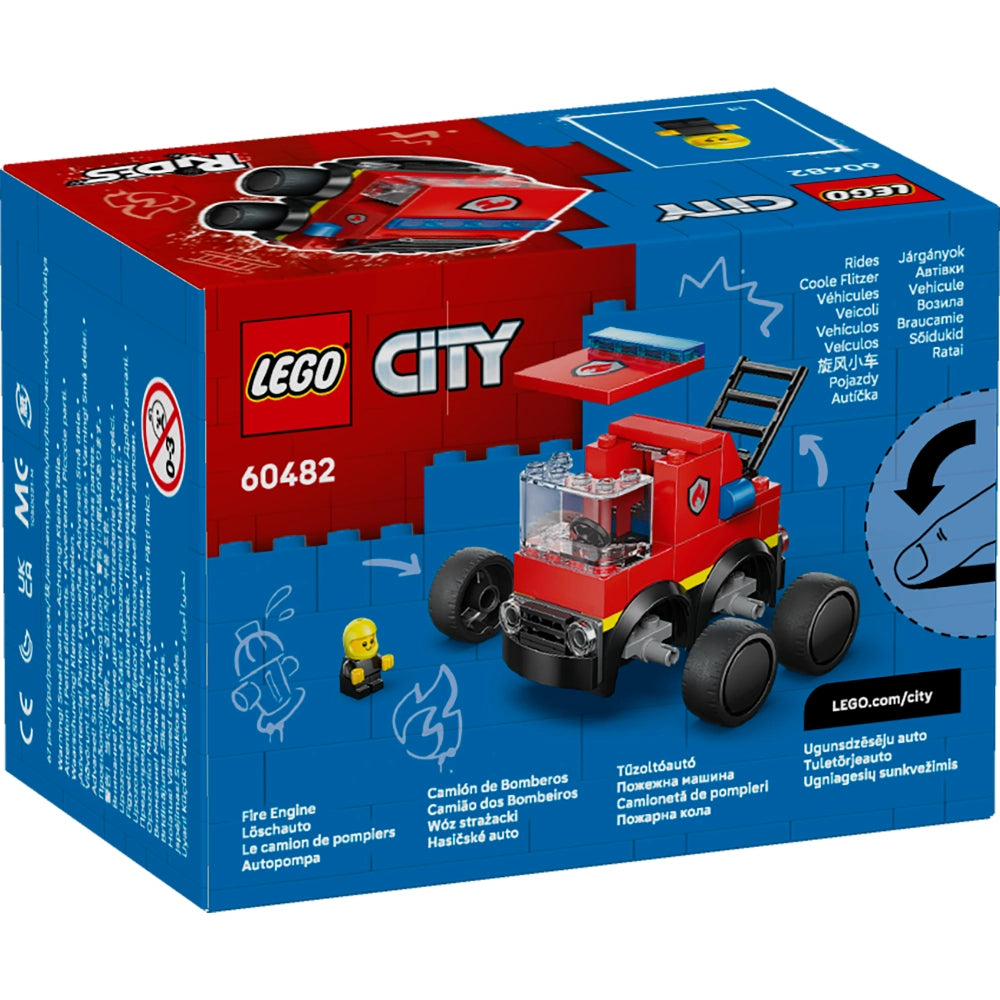 LEGO City Fire Engine set 60482 box showing red and blue packaging with a buildable red fire truck vehicle, yellow minifigure firefighter, and black wheels displayed against the product box