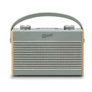 Roberts Rambler Max Smart DAB+ FM Radio in duck egg blue and natural wood finish with carrying handle and dual control knobs