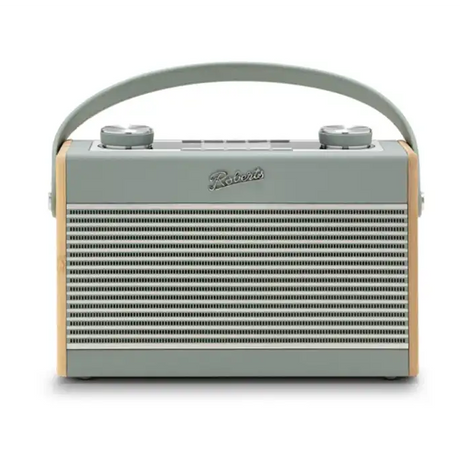 Roberts Rambler Max Smart DAB+ FM Radio in duck egg blue and natural wood finish with carrying handle and dual control knobs