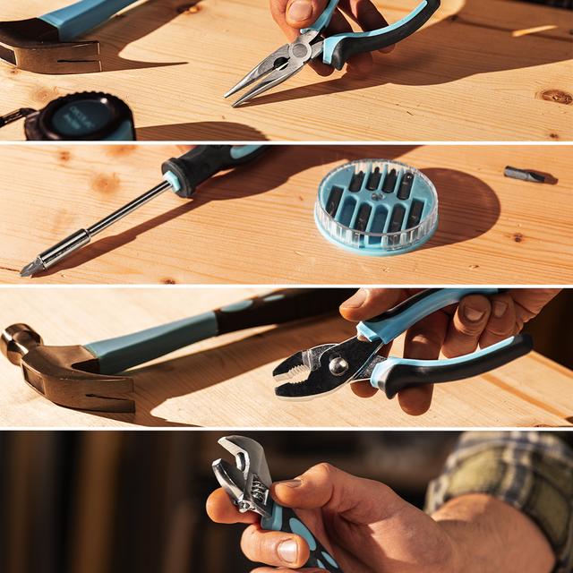 Collage of various tools including pliers, screwdriver, and hammer on a wooden surface.