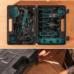 Open tool kit with various tools on a wooden surface, showing a hand interacting with the case.
