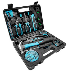 Tool kit with various tools in a black case on a transparent background