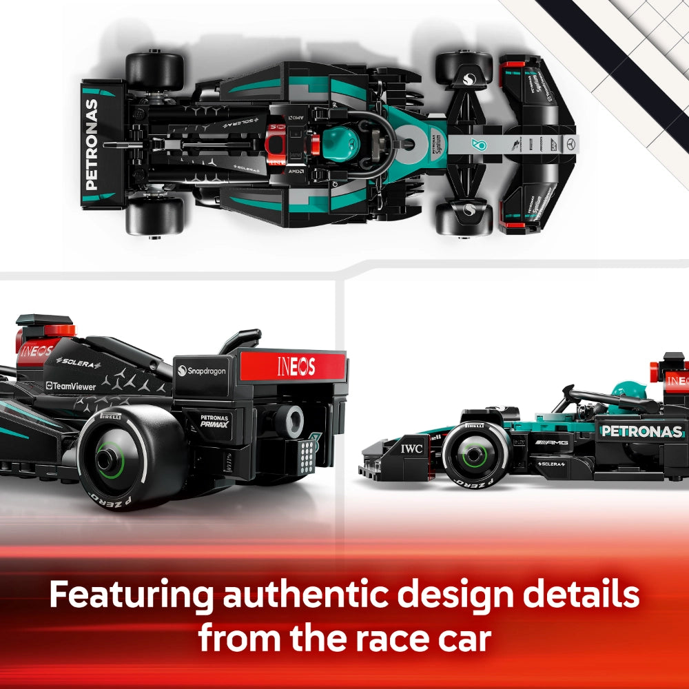 Top-down and side views of a LEGO Mercedes-AMG F1 W15 race car model in turquoise and black colors, featuring authentic design details including PETRONAS branding, IWC sponsorship, and detailed cockpit elements, displayed against white background with product information highlighting authentic race car design details