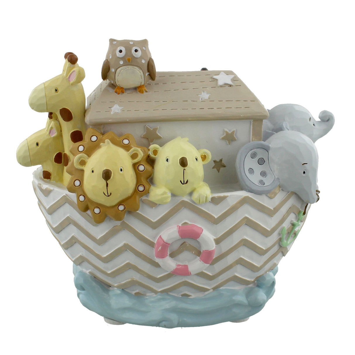 Decorative toy Noah's Ark with animal figures on a white background