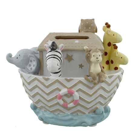 Noah's Ark themed resin money box with beige and white chevron pattern featuring ceramic animal figurines including elephant, zebra, monkey, giraffe and owl on top, with pink lifebuoy detail and blue wave base