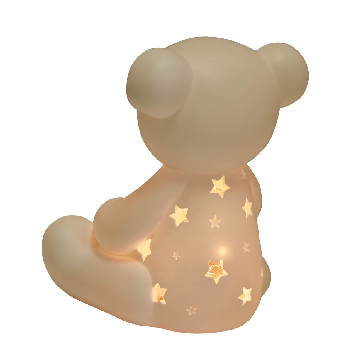 Cream-colored light up teddy bear night light with golden star pattern on belly, soft rounded design suitable for children's bedroom