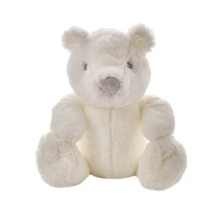 Large white plush teddy bear with cream-colored belly, soft fur texture, gray nose and eyes, rounded ears, sitting upright against white background, Bambino brand 31cm stuffed animal toy