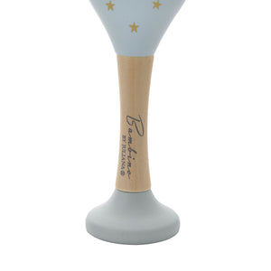 Bambino wooden maracas with light blue body decorated with gold stars, natural wood handle, and gray base, shown against white background
