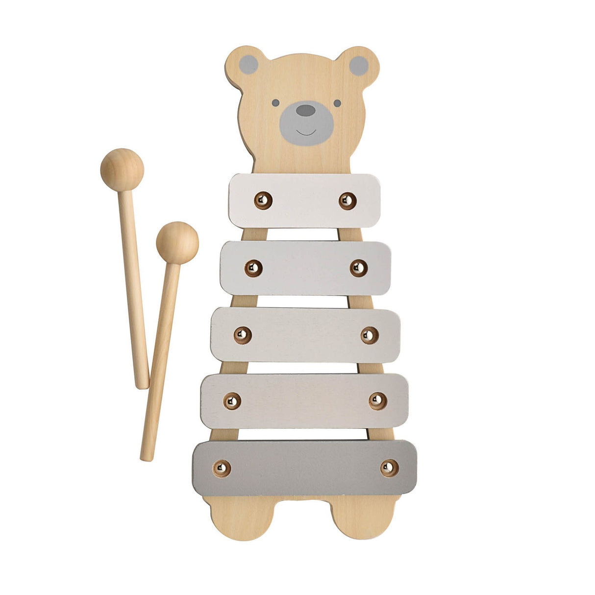 Wooden xylophone with bear design and two mallets on a white background