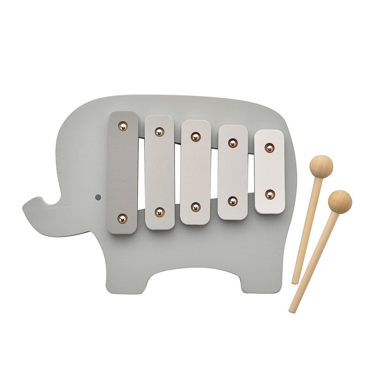 Gray elephant-shaped xylophone with two wooden mallets on a white background