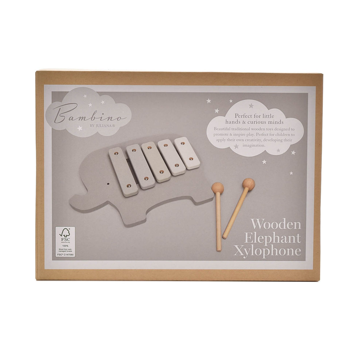 Bambino by Juliana wooden elephant xylophone toy with six cream-colored keys and wooden mallets in FSC certified packaging displayed against a neutral background