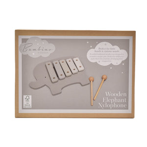 Bambino by Juliana wooden elephant xylophone toy with six cream-colored keys and wooden mallets in FSC certified packaging displayed against a neutral background
