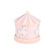 Pink carousel toy with unicorn designs on a white background