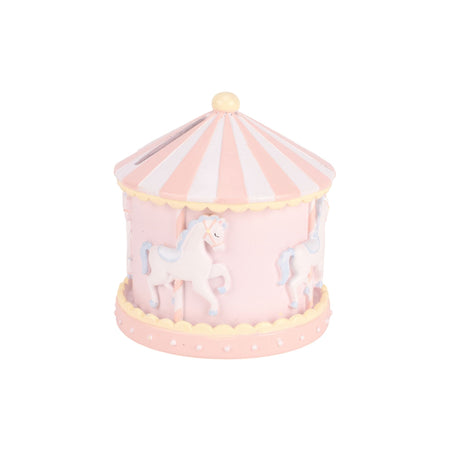 Pink carousel toy with unicorn designs on a white background