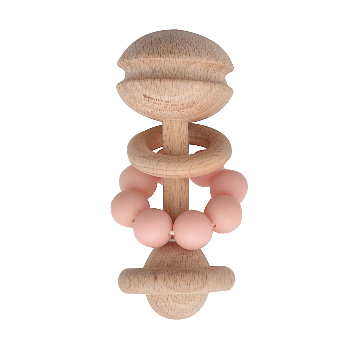 Wooden teething ring with pink beads on a white background