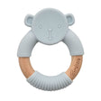 Bear-shaped teething ring with wooden ring and light gray silicone body on a white background