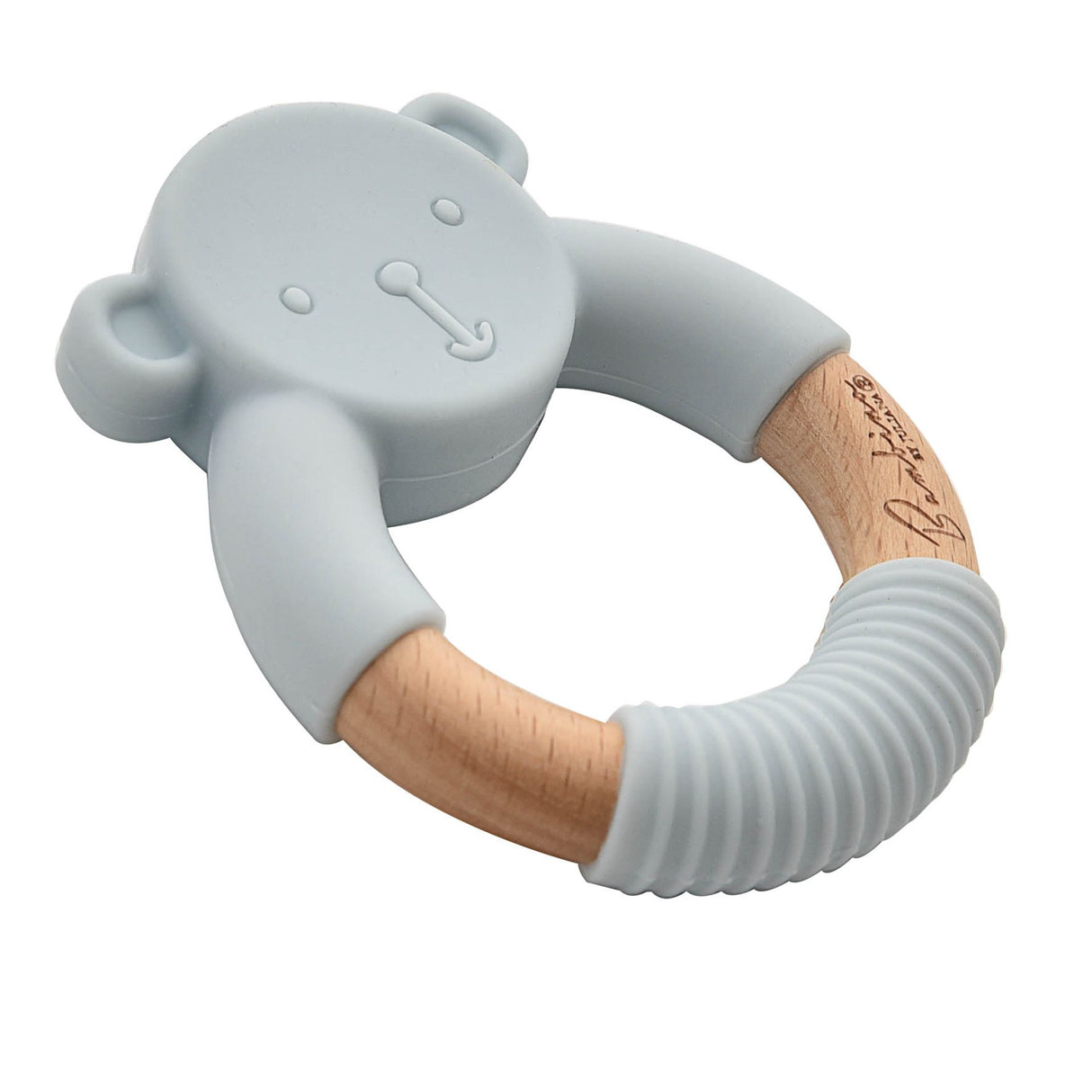 Bambino Teddy Teether in soft blue silicone with natural wood handles and textured grip sections, featuring a cute embossed teddy bear face on the rounded head