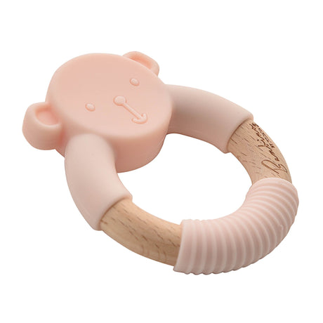 Bambino Teddy Teether in soft pink silicone with wooden handles, featuring embossed facial details and textured grip sections for babies