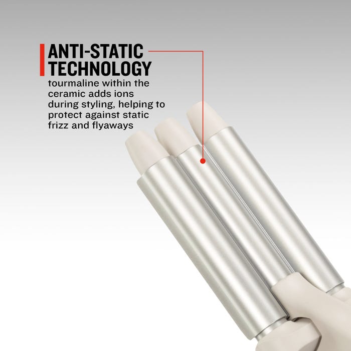 Remington Trendology 5 in 1 hair curler with silver ceramic barrel and cream handle featuring anti-static technology with tourmaline ceramic coating to reduce frizz and flyaways