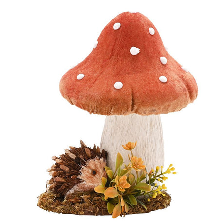 Decorative mushroom with a hedgehog and flowers on a white background
