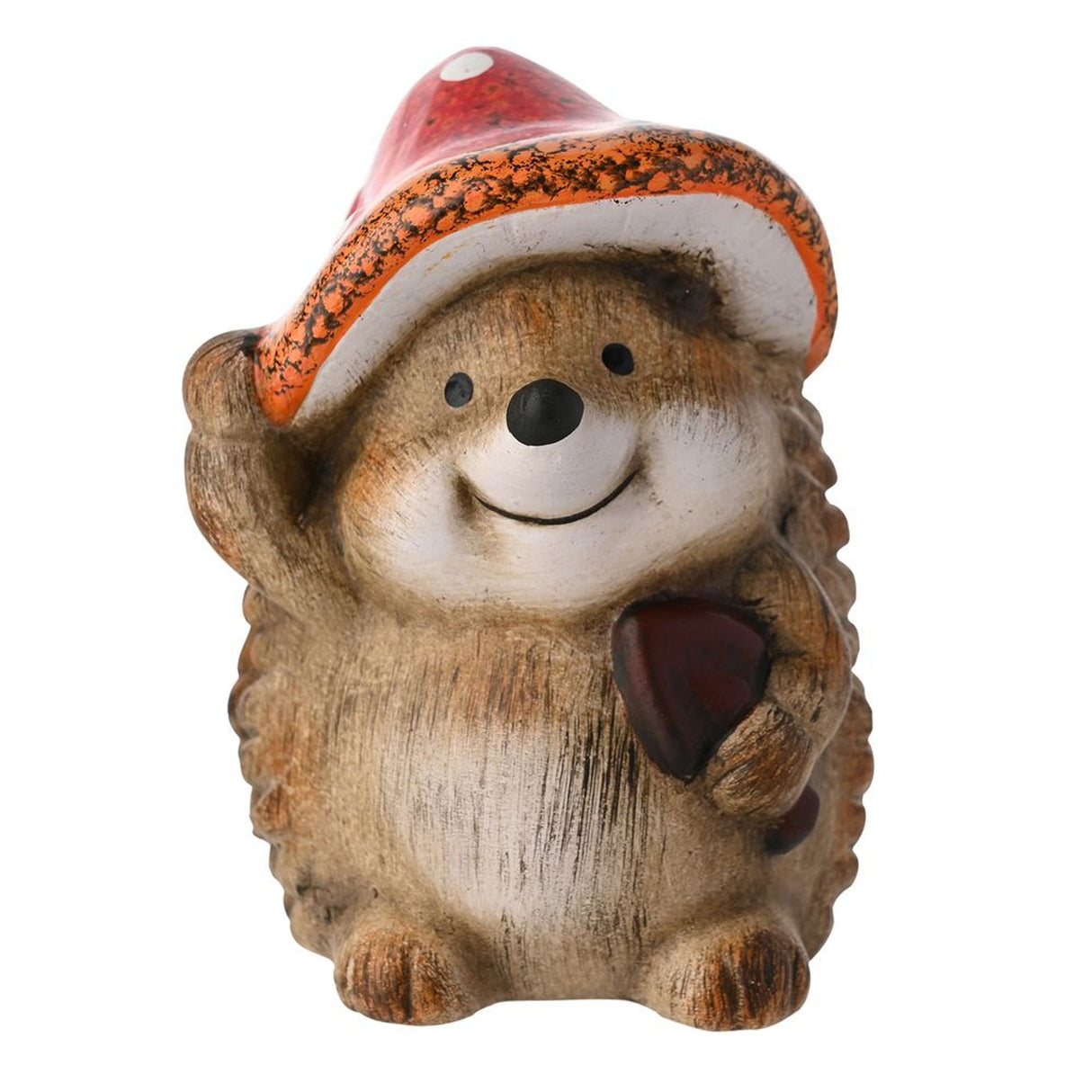 Hedgehog figurine wearing a Santa hat on a white background