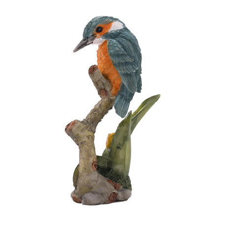 Hand-painted resin kingfisher figurine perched on a textured branch with green leaf detail, featuring blue-grey wings, orange breast, white head markings and grey beak