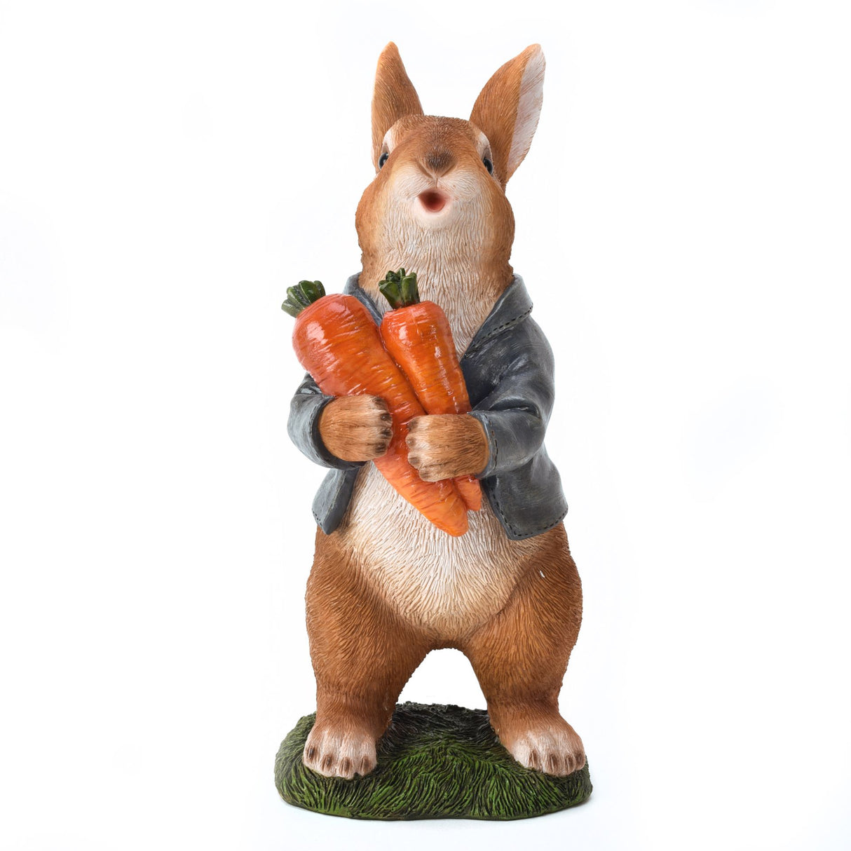 Squirrel figurine holding carrots on a white background