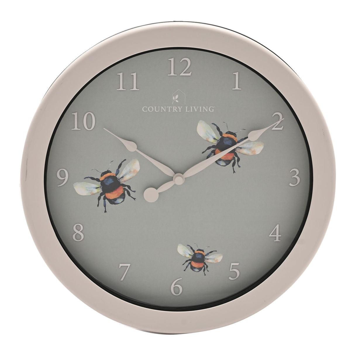 Wall clock with bee design on a gray background, brand 'Country Living' visible