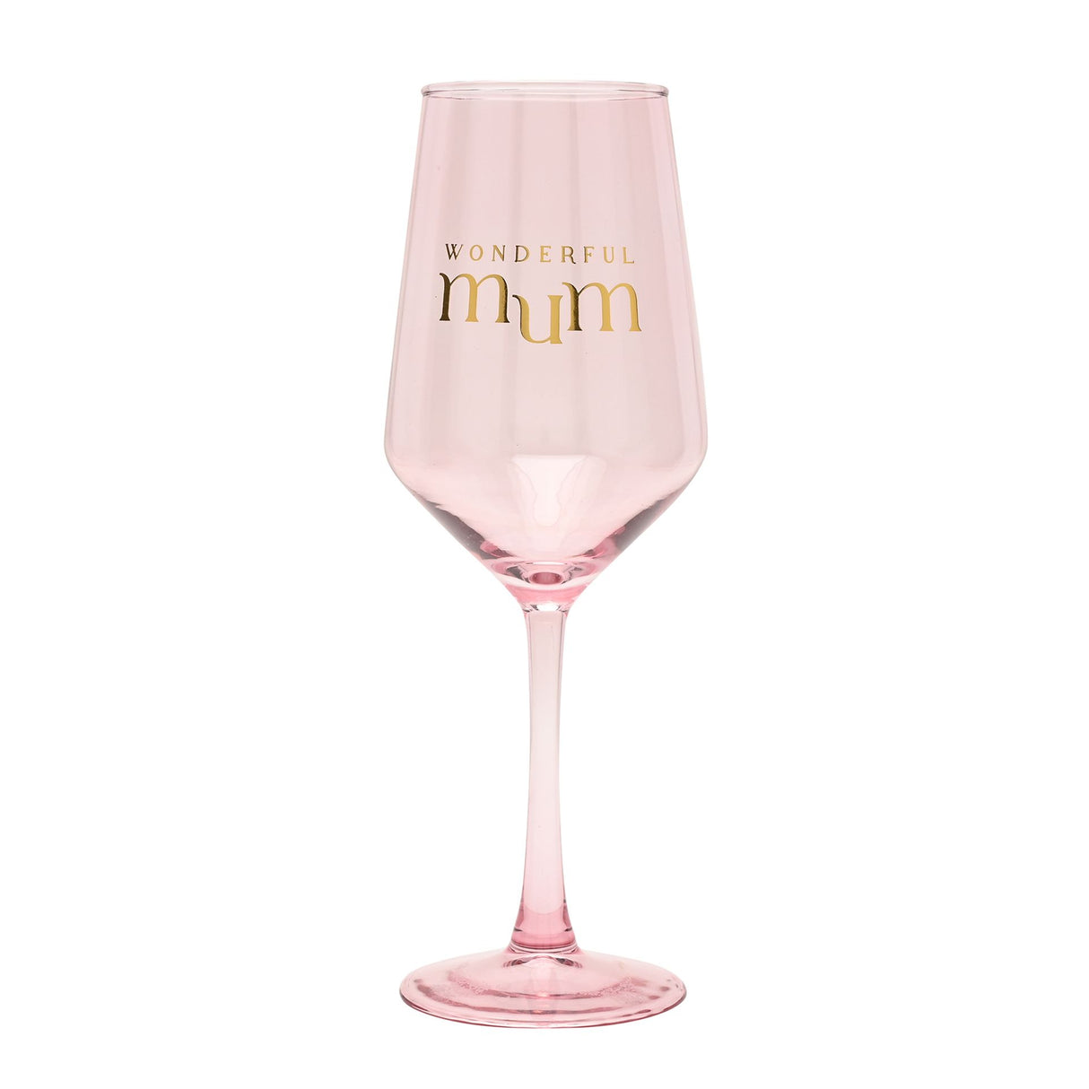 Pink wine glass with 'Wonderful Mum' text on a white background