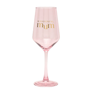 Pink wine glass with 'Wonderful Mum' text on a white background