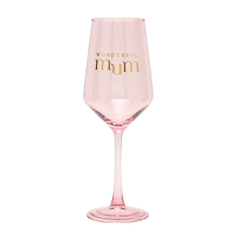 Pink wine glass with 'Wonderful Mum' text on a white background