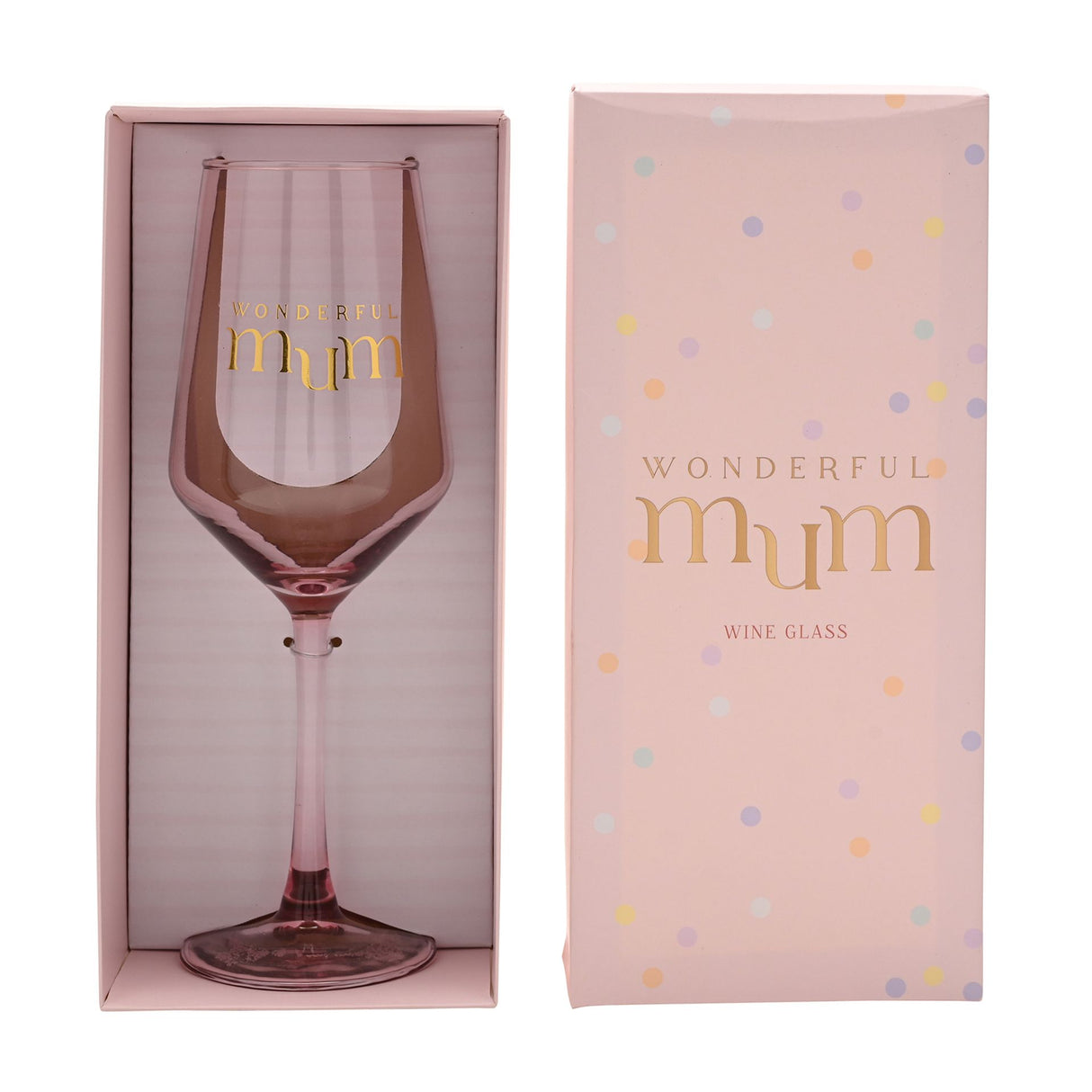 Pink wine glass with gold "Wonderful Mum" text inside matching pink gift box with colorful confetti dots design and "Wine Glass" label