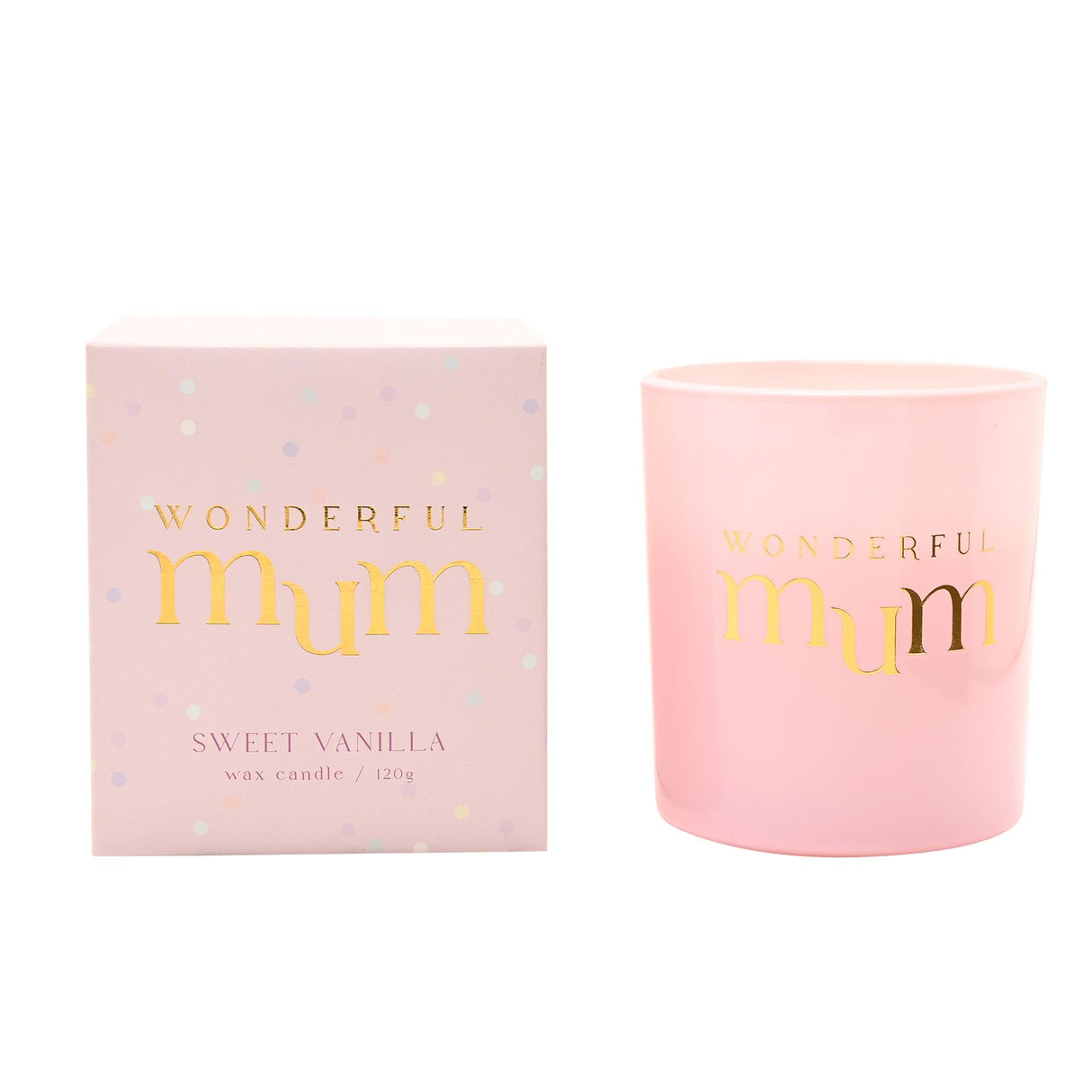Pink candle with 'Wonderful Mum' text next to its packaging on a white background
