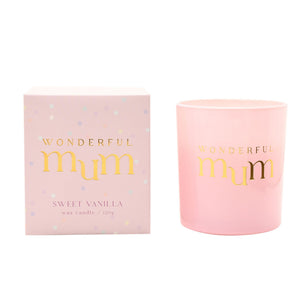 Pink candle with 'Wonderful Mum' text next to its packaging on a white background