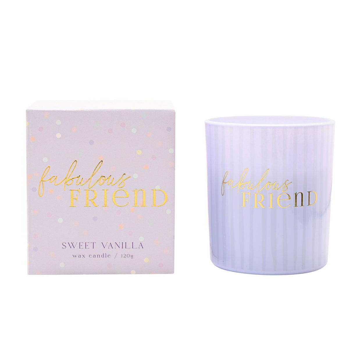 Candle and packaging with 'fabulous friend' text on a white background