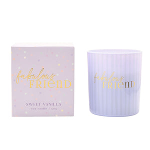 Candle and packaging with 'fabulous friend' text on a white background