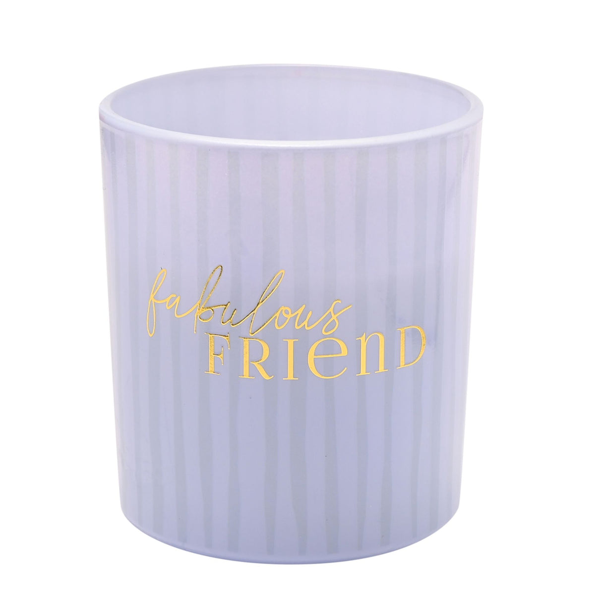 Lavender ribbed cylindrical candle with gold foil text reading "fabulous FRIEND" for celebrations and special occasions