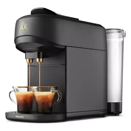 Philips L'OR Barista Absolu black coffee machine dispensing espresso into glass cups with water reservoir on right side